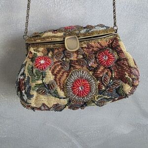 Victorian Style Bronze Metal Sequin Floral Embroidered Beaded Bag Shoulder 6x4